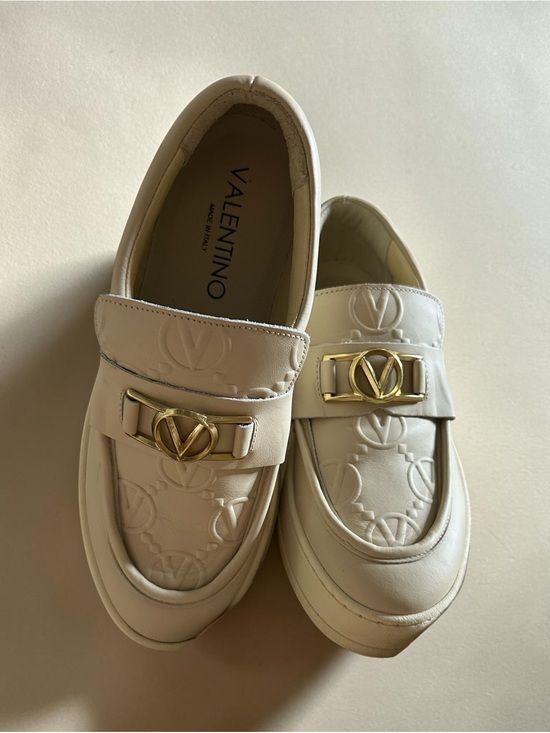 Valentino Shoes - Valentino Cream Embossed Leather Loafers with Gold V-Logo size 7